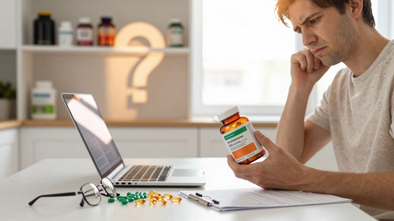 Homem preocupado lê rótulo de medicamento junto a computador portátil e comprimidos numa mesa.