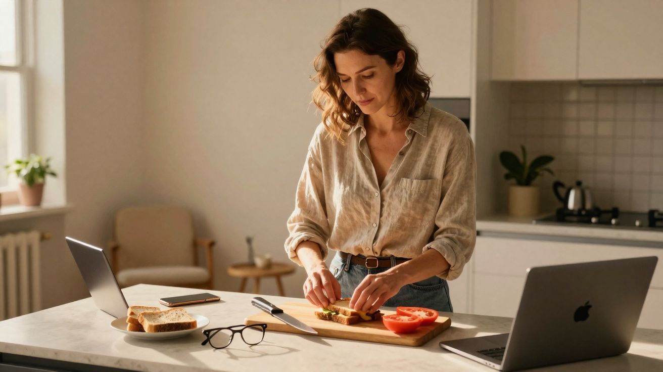 Mulher prepara sanduíche numa cozinha iluminada, com dois computadores portáteis e comida na bancada.