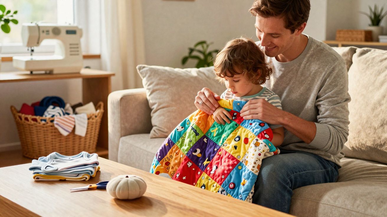 Pai e filho sentados no sofá a brincar com um brinquedo colorido em patchwork.