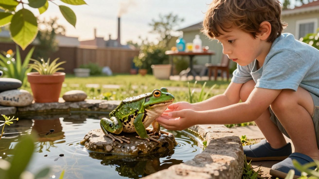 Menino observa e toca numa rã verde sentada numa pedra à beira de um pequeno lago no jardim.