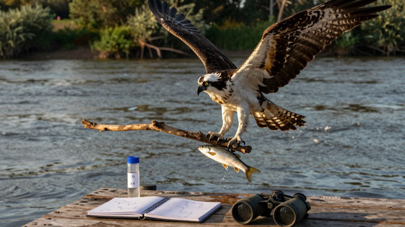 Águia-pesqueira a levantar voo com um peixe fresco nas garras junto a caderno, binóculos e frasco numa mesa rústica.