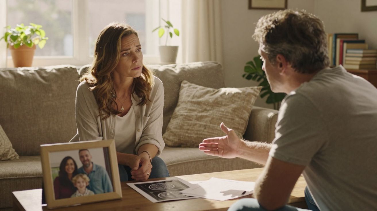 Casal sentado na sala a discutir documentos com expressão séria, fotos de família na mesa.