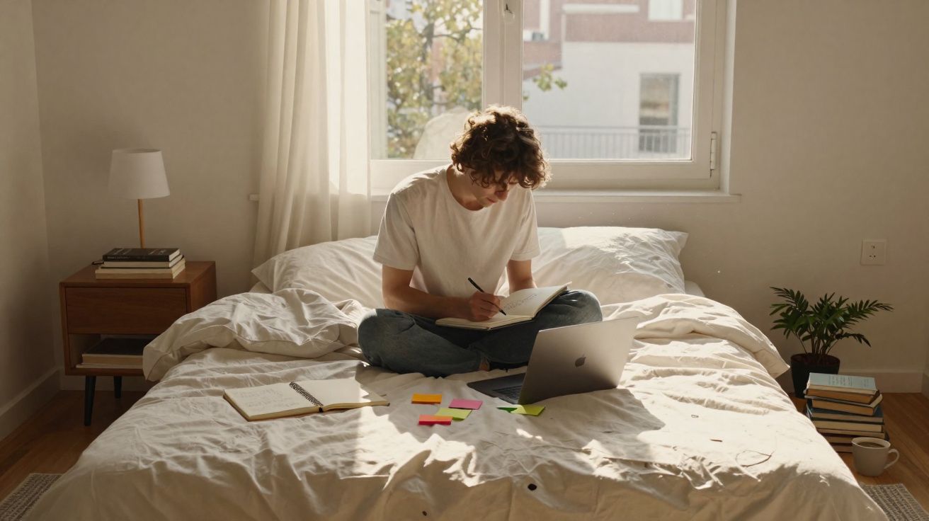 Jovem sentado na cama a escrever num caderno com portátil aberto e post-its espalhados na cama iluminada pela janela.