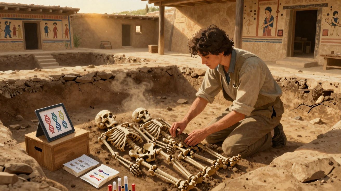 Arqueólogo examina esqueletos antigos numa escavação arqueológica ao ar livre, com equipamentos científicos ao lado.