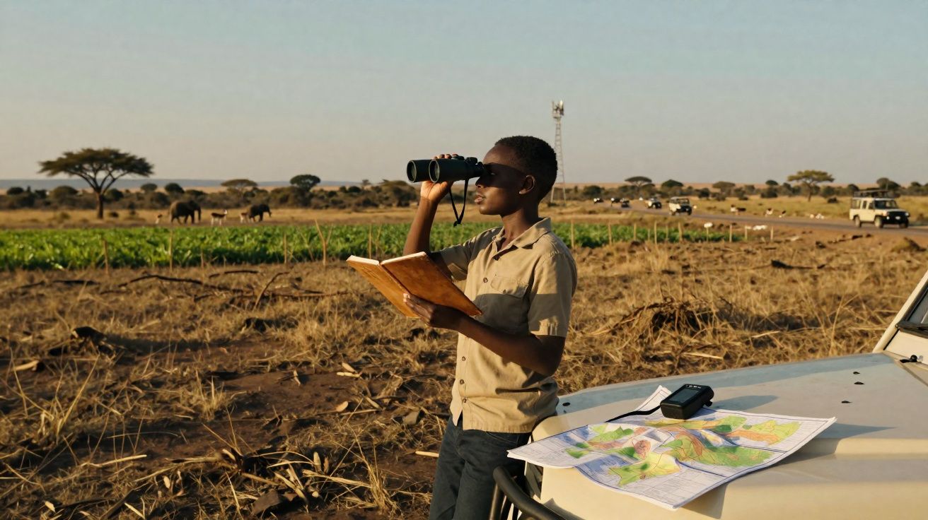 Rapaz a observar a paisagem com binóculos em área rural, junto a um veículo com mapas sobre o capot.