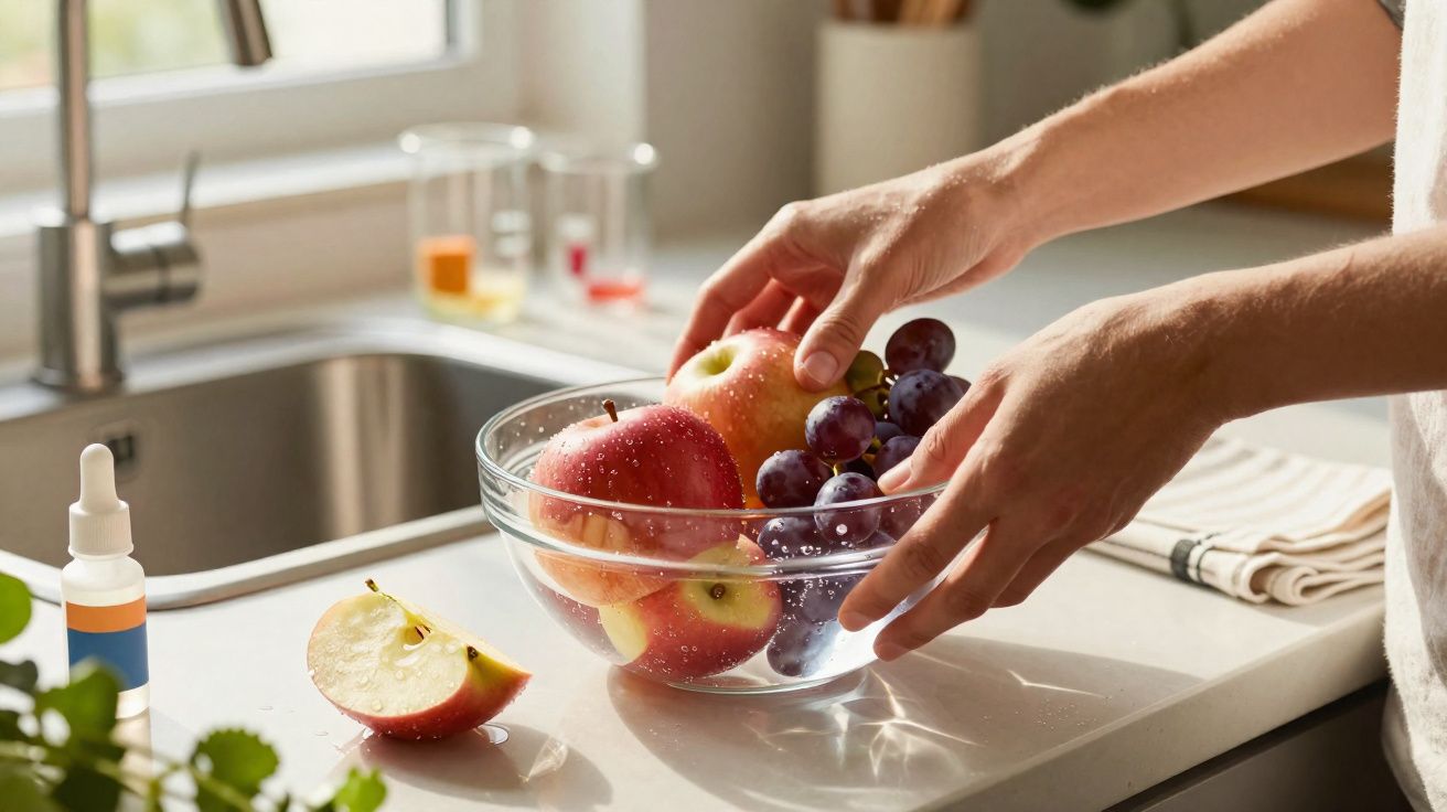 Mãos a lavar maçãs e uvas roxas numa taça de vidro na bancada da cozinha junto a uma janela.