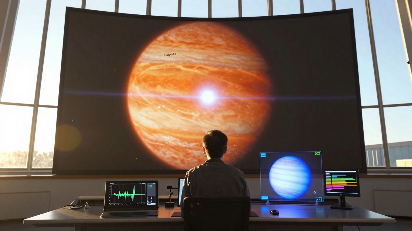 Pessoa sentada de costas a analisar imagens digitais de planetas em ecrãs num laboratório moderno iluminado pela luz do dia.