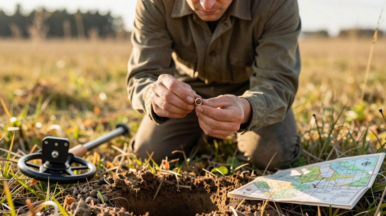 Homem ajoelhado no campo segurando um anel descoberto após usar um detector de metais.