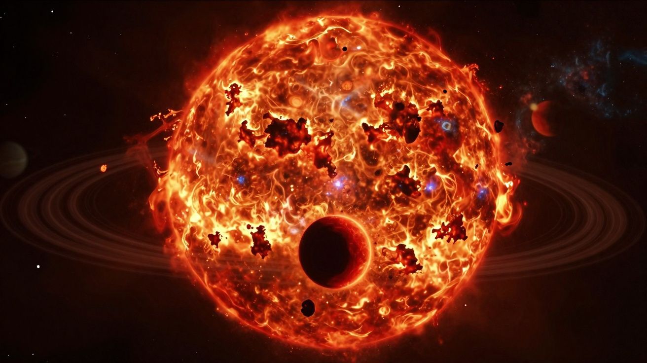 Sol incandescente com manchas escuras e planetas a orbitar num espaço estrelado e nebuloso.