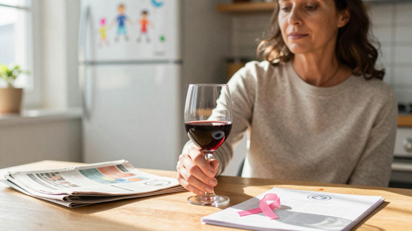 Mulher sentada à mesa segura um copo de vinho tinto, com jornal e laço rosa sobre documentos na cozinha.