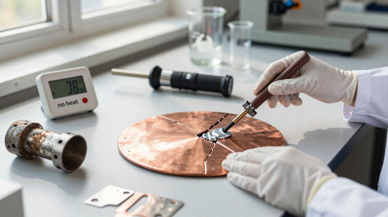 Mãos com luvas aplicam solda em um disco metálico partido num laboratório com vários equipamentos.