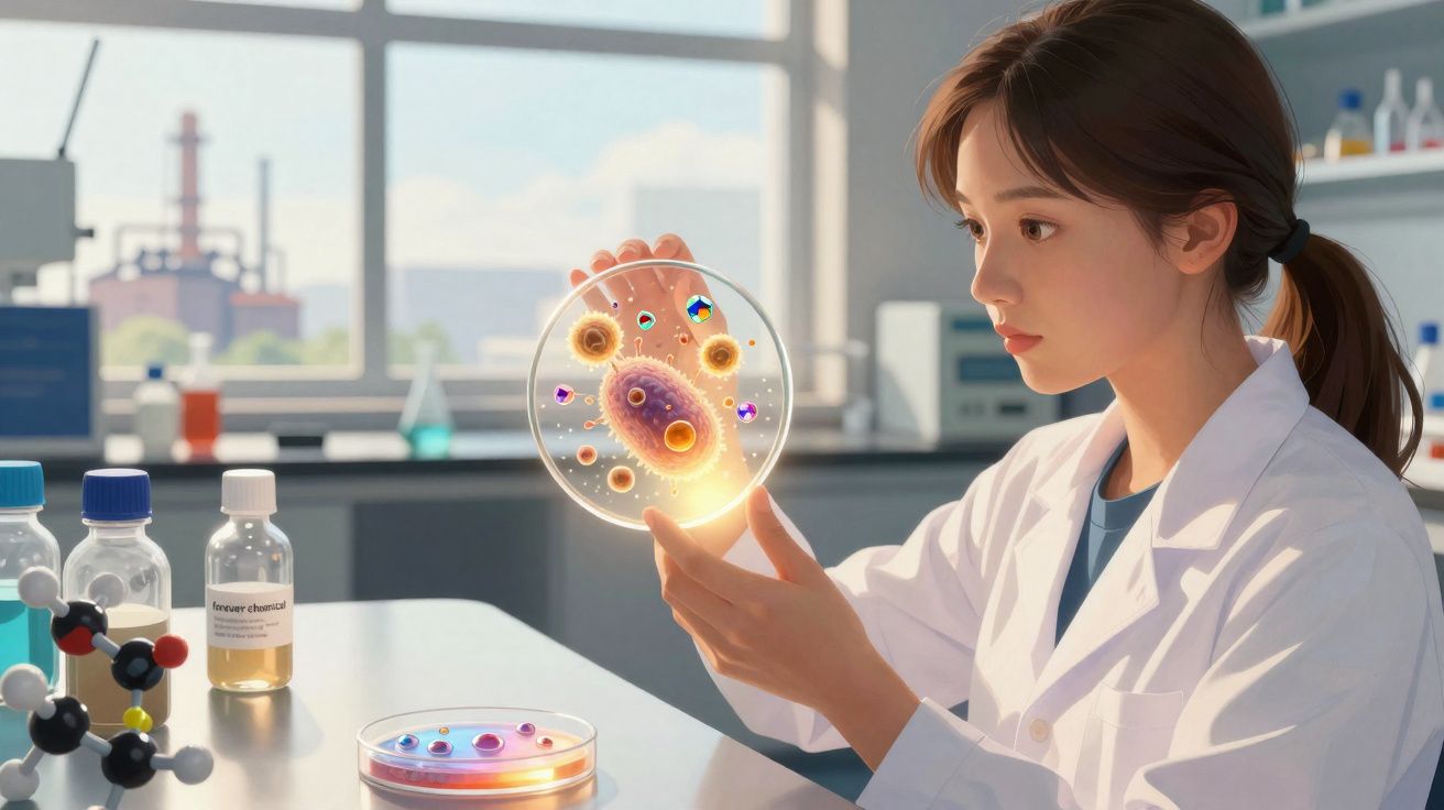 Jovem cientista a observar microorganismos brilhantes numa placa de Petri num laboratório moderno.