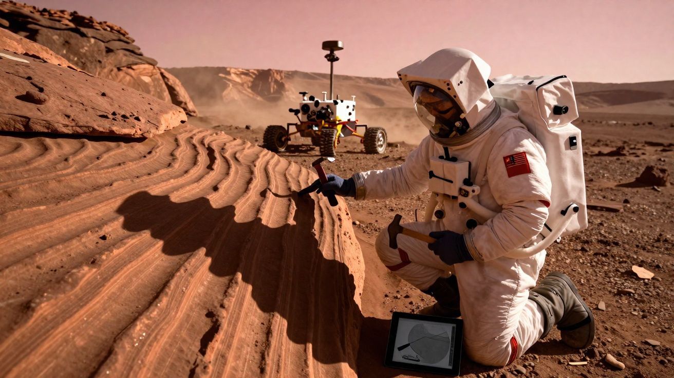 Astronauta com fatos espaciais analisa rochas vermelhas em paisagem marciana com rover ao fundo.
