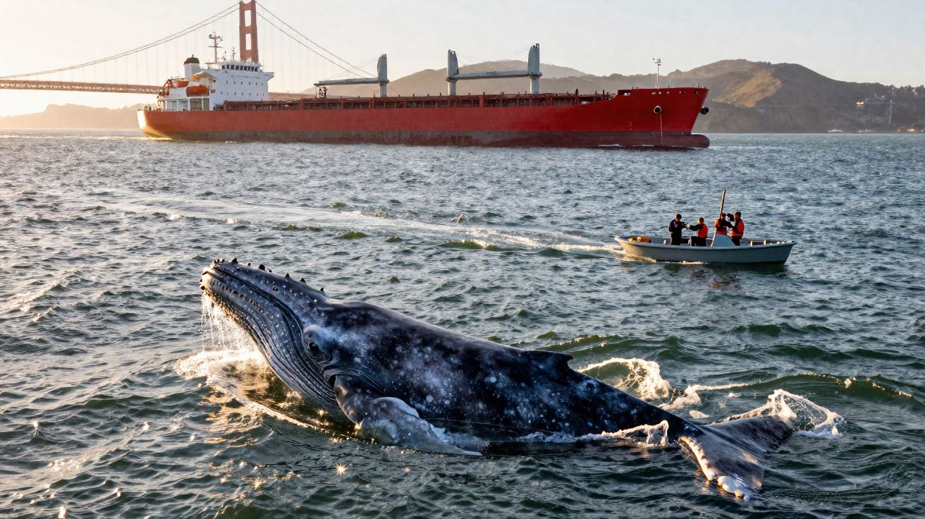 Baleia a emergir perto de barco pequeno e navio cargueiro vermelho com ponte ao fundo.