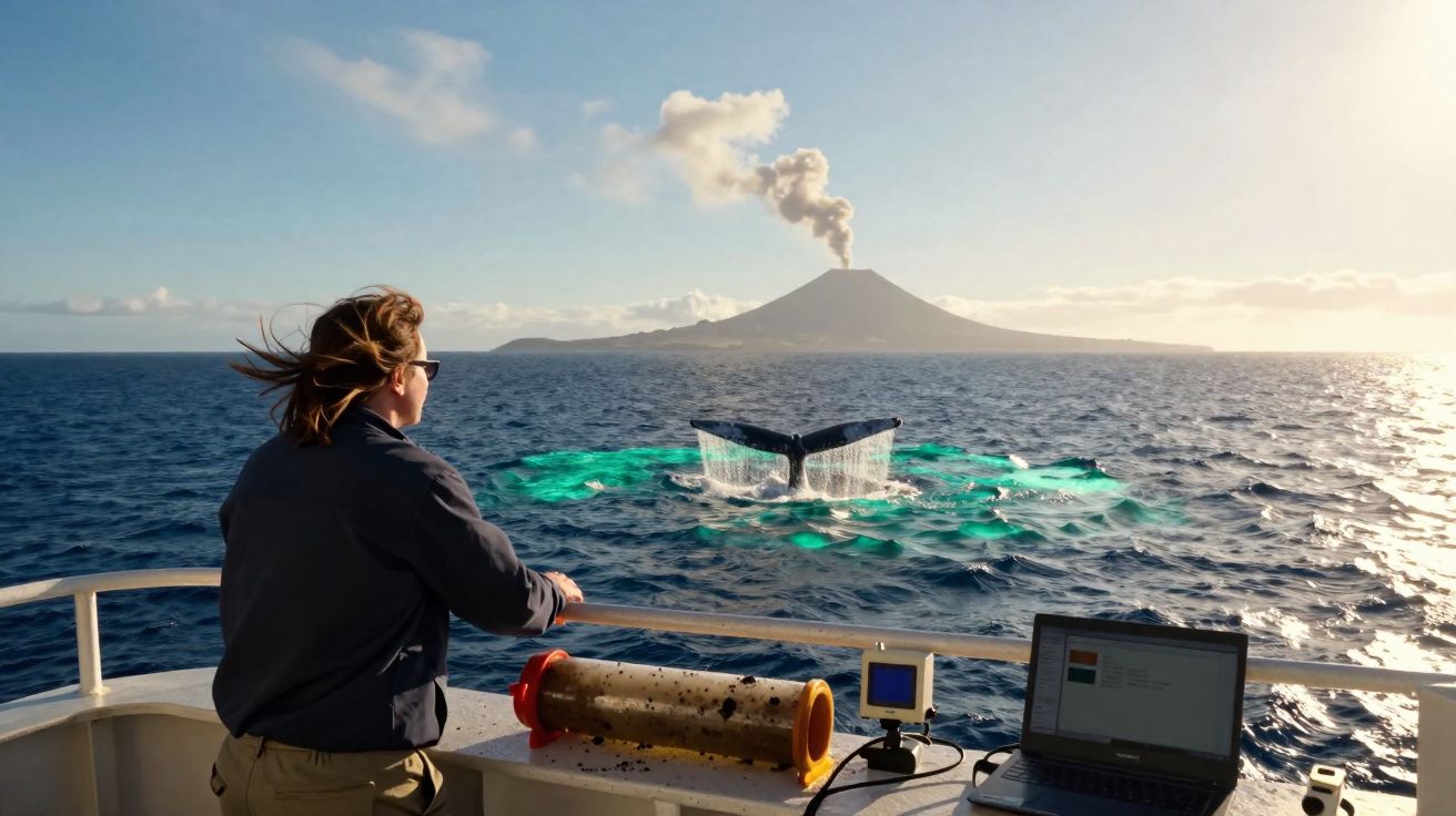 Pessoa observa cauda de baleia a emergir no mar com vulcão ativo ao fundo, vista desde barco científico.