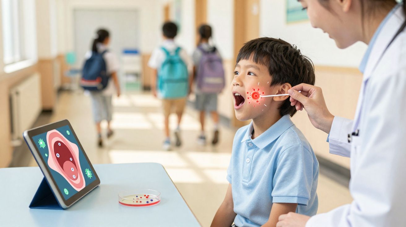 Médica a examinar rosto de menino numa escola, com ilustração de vírus digital sobreposta no rosto.