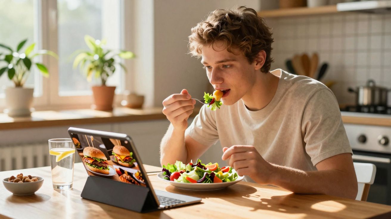 Homem jovem a comer salada enquanto vê receitas num tablet na cozinha iluminada.