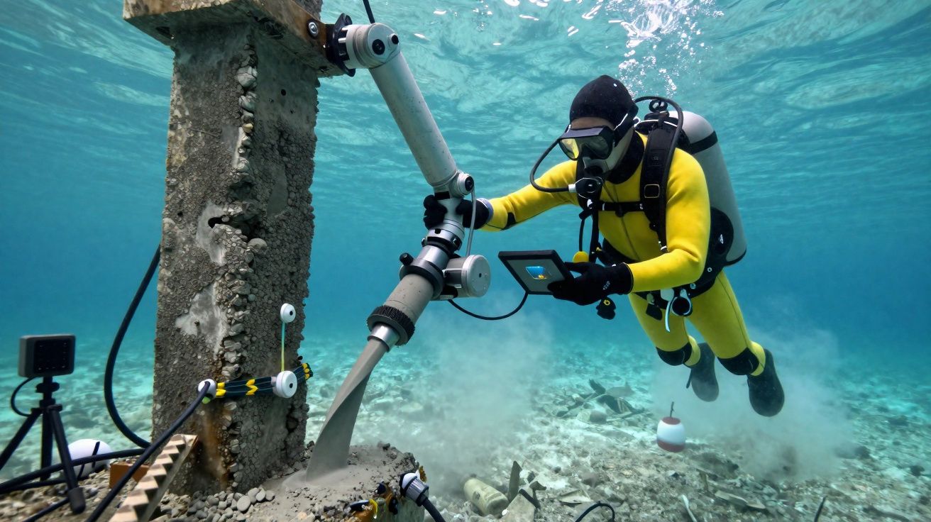 Mergulhador com equipamento tecnológico realiza inspeção em estrutura subaquática.