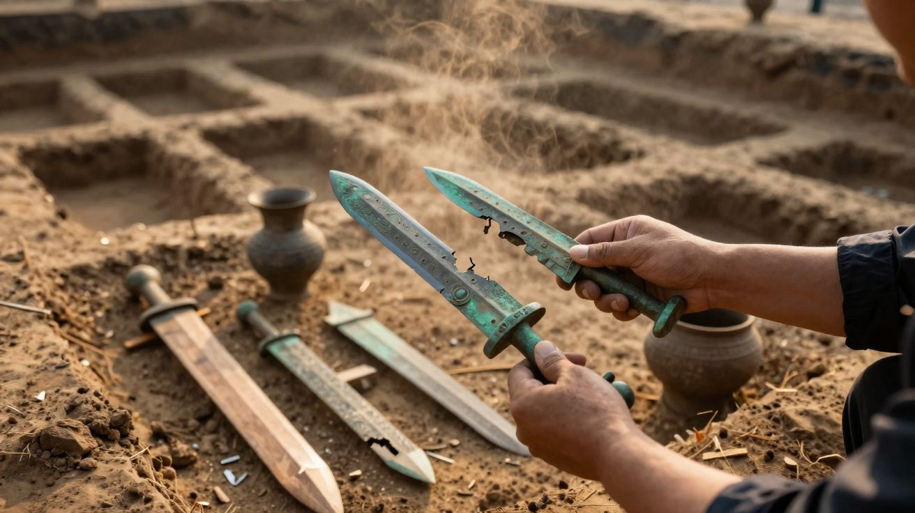 Pessoa a segurar espadas antigas de bronze descobertas numa escavação arqueológica.