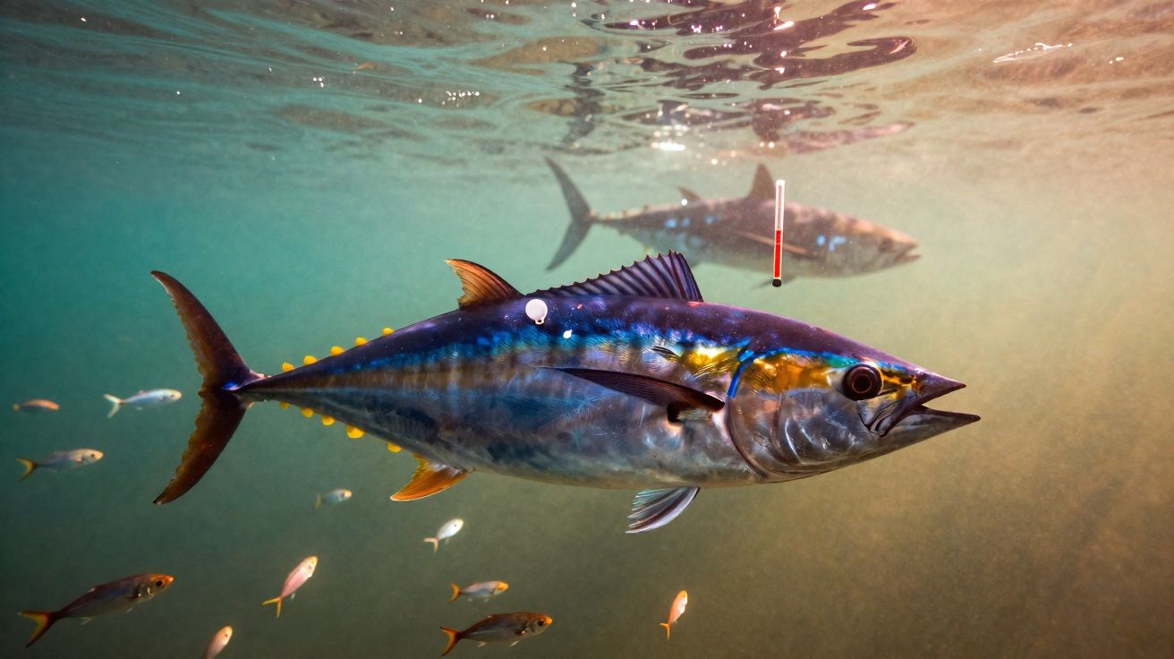 Atum azul subaquático rodeado por peixes menores em água clara com reflexos na superfície.