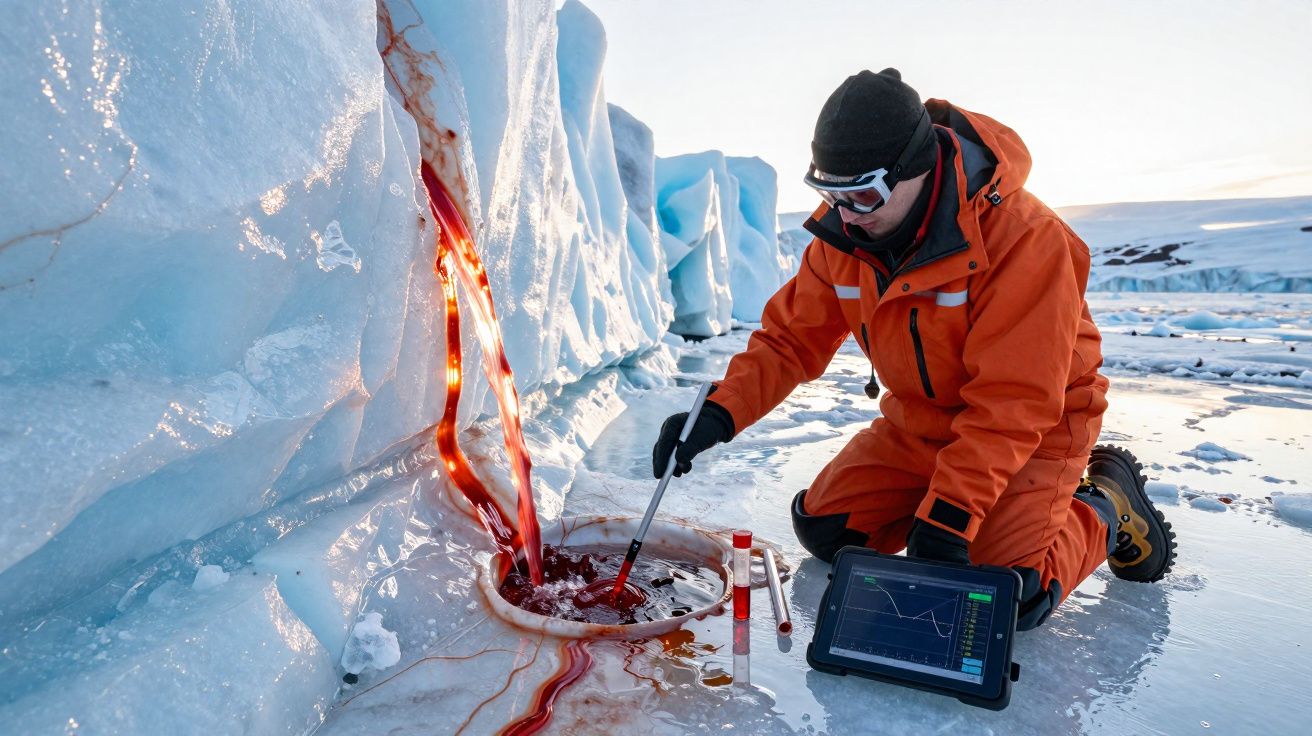 Cientista em roupa de frio recolhe amostra de água vermelha em buraco no gelo com equipamento eletrónico na Antártida.