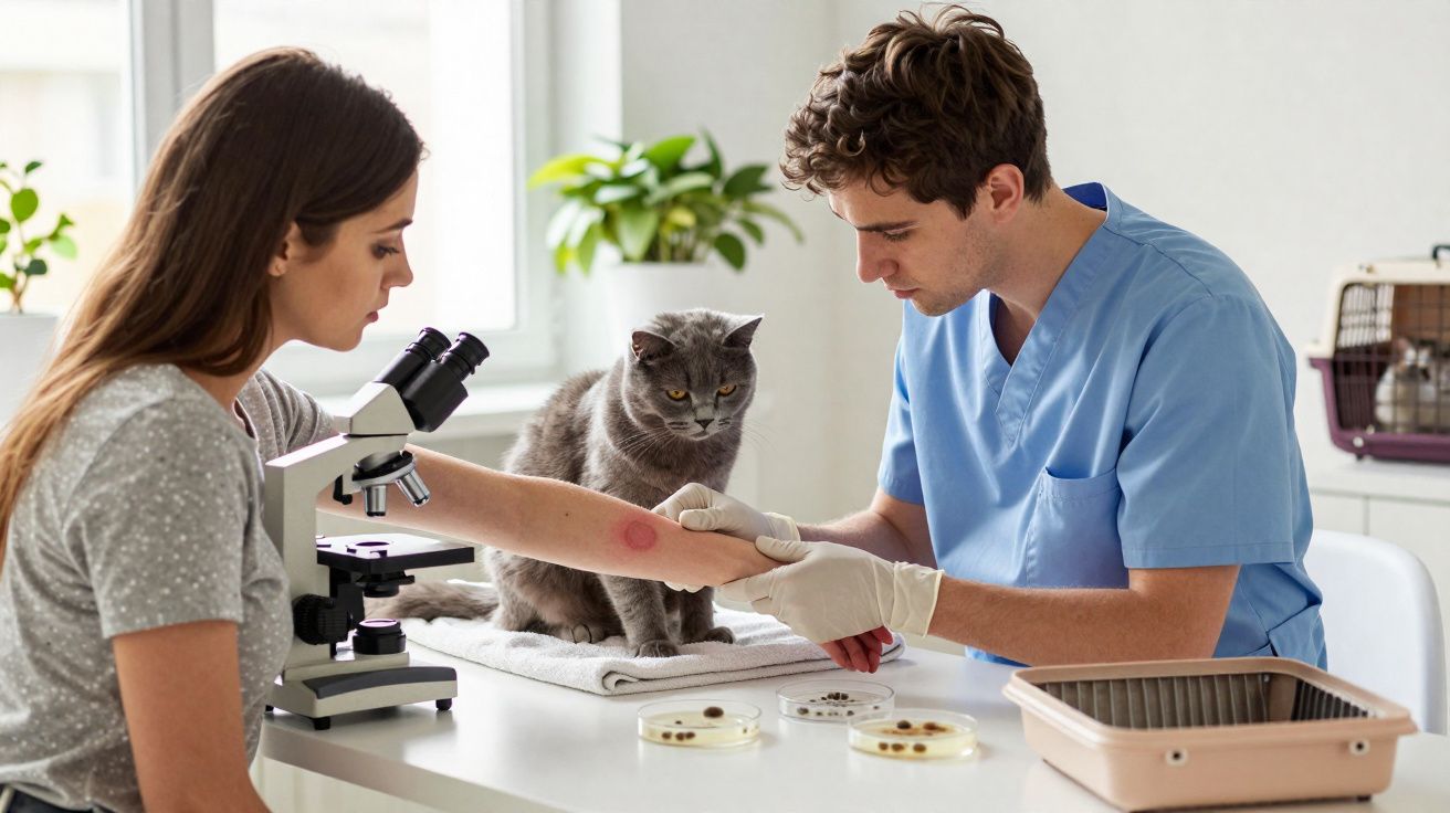 Veterinário examina lesão no braço de mulher com gato sentado sobre a mesa ao lado.