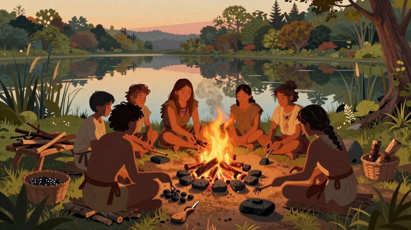 Grupo de pessoas sentadas em círculo junto a uma fogueira numa paisagem natural ao pôr do sol.