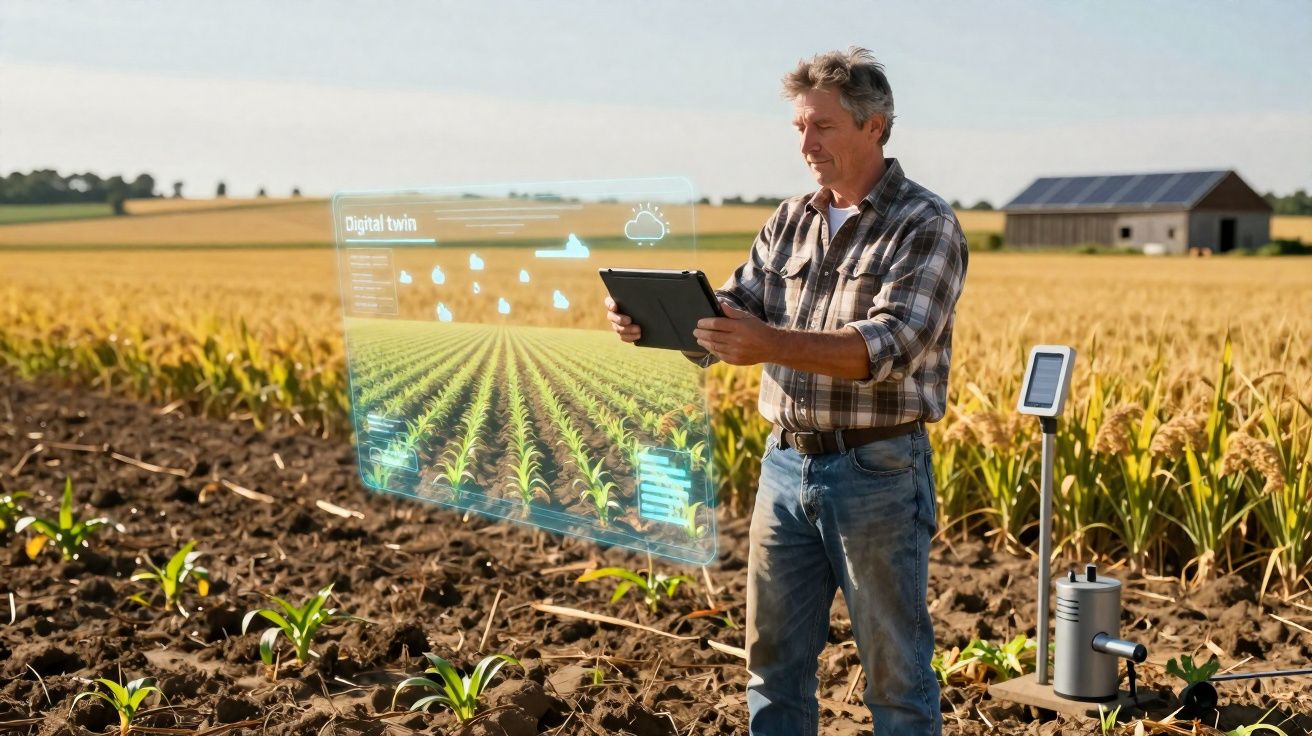 Agricultor a usar tablet para monitorizar culturas digitais numa quinta moderna ao ar livre.
