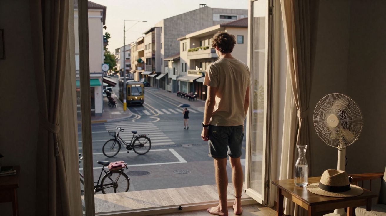 Homem de pé em varanda a olhar para rua com elétrico, bicicletas e edifícios ao entardecer.