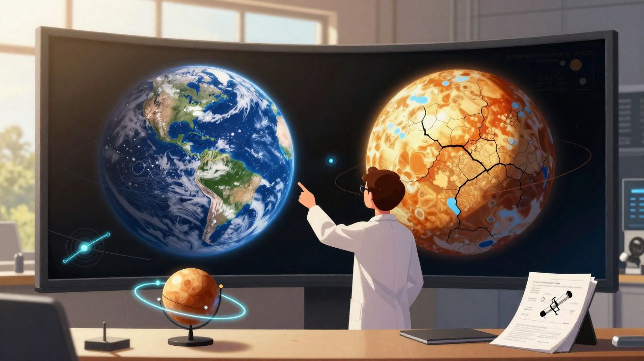 Cientista num laboratório analisa projeção da Terra e de um planeta árido com fissuras num ecrã curvo.
