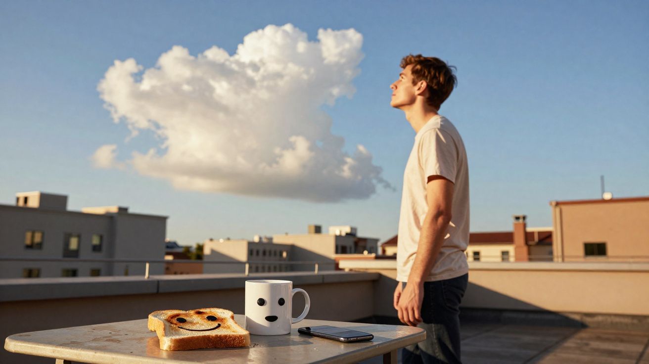 Homem jovem de pé na varanda ao pôr do sol com uma mesa contendo uma fatia de pão, caneca e telemóvel.
