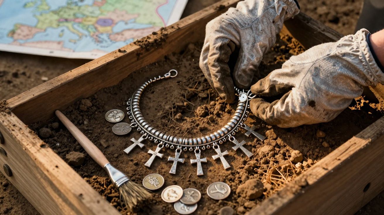 Mãos com luvas a desenterrar colar com cruzes e moedas antigas numa caixa de madeira com terra.