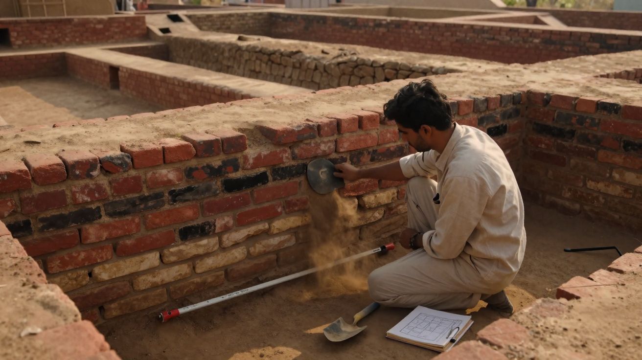 Homem a escavar um sítio arqueológico com paredes de tijolos e ferramentas no chão.