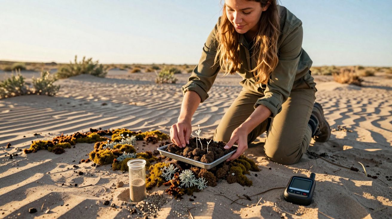 Mulher a estudar plantas e amostras de solo no deserto ao pôr do sol.