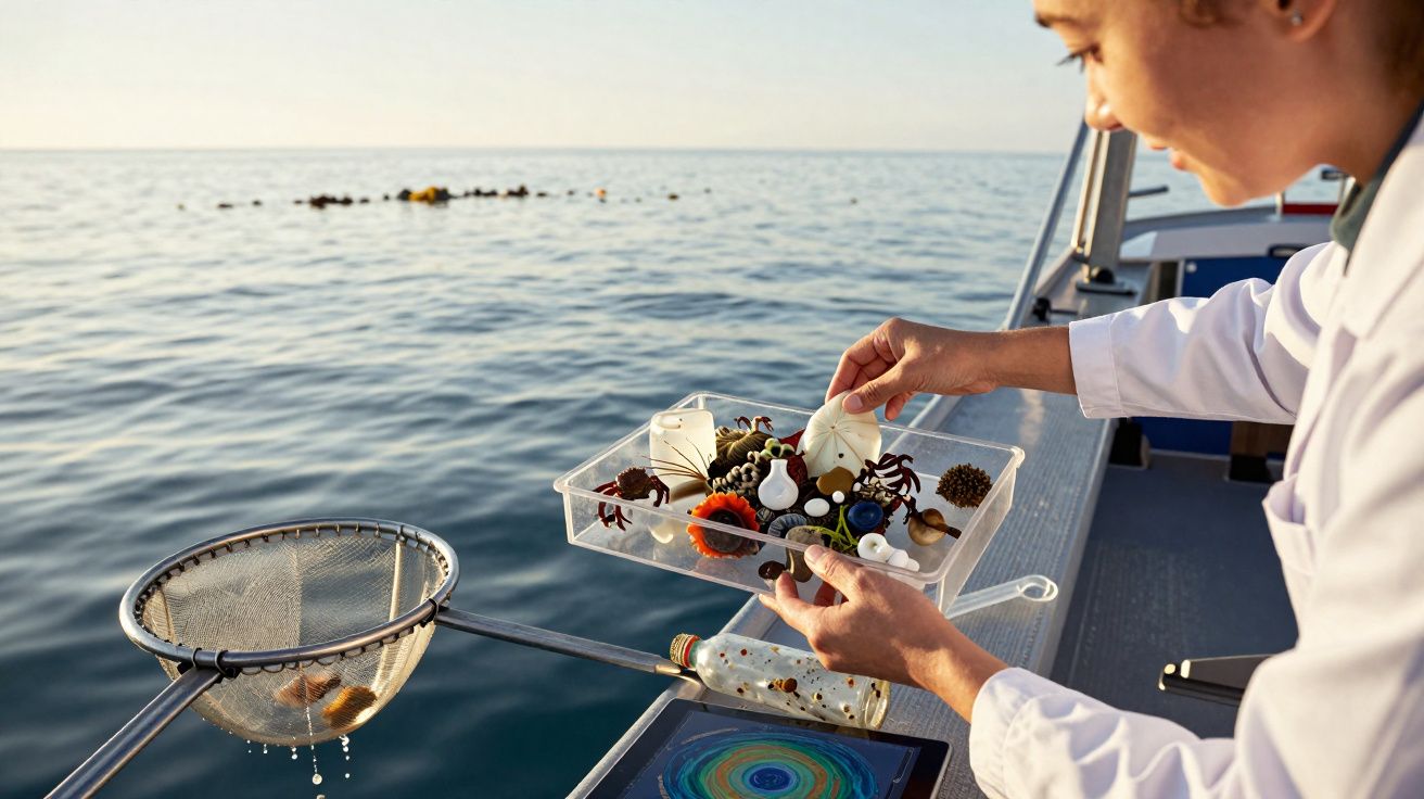 Pessoa em barco a analisar amostras marinhas recolhidas com rede de pesca científica ao pôr do sol.