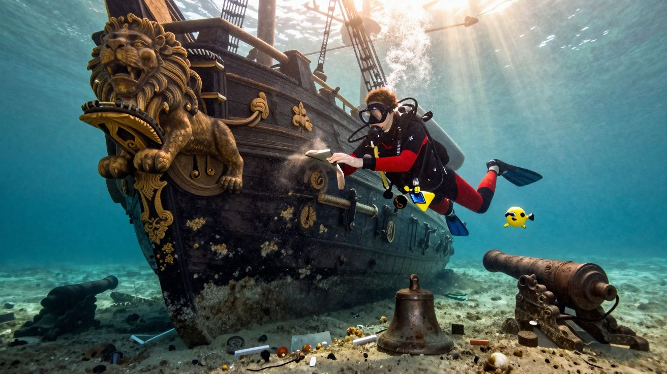 Mergulhador com equipamento investiga naufrágio antigo com canhões e sino no fundo do mar iluminado.