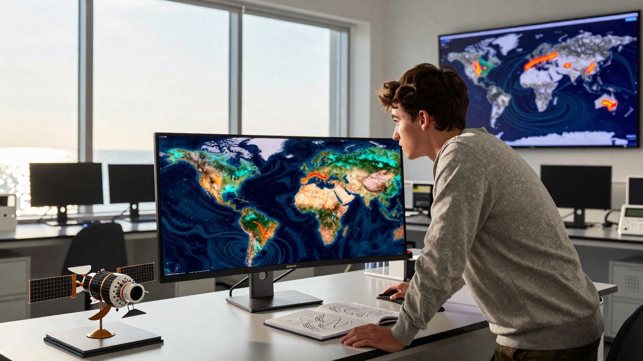 Pessoa a analisar mapas globais em monitores num escritório moderno com modelo de satélite na mesa.