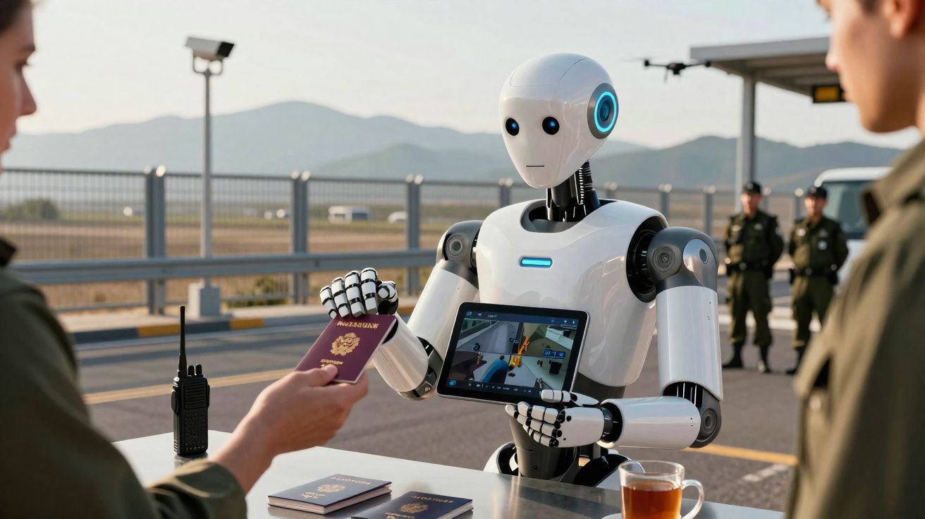 Robô com ecrã a examinar um passaporte numa estação de controlo fronteiriço ao ar livre.