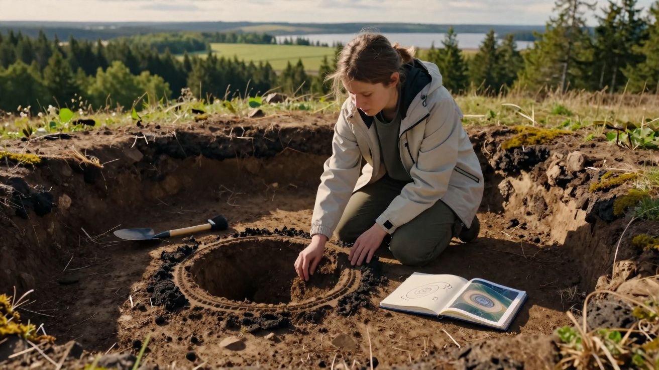 Jovem arqueóloga escava e estuda artefacto circular com livro aberto em sítio arqueológico ao ar livre.