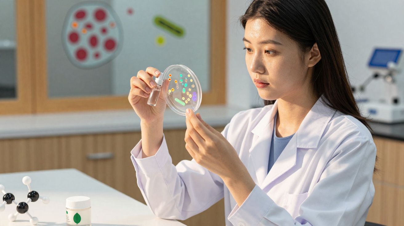 Mulher cientista a analisar placa de Petri com culturas coloridas num laboratório.