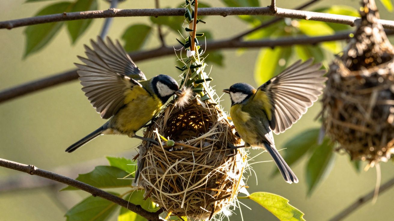 Dois pássaros com asas abertas constroem um ninho pendurado num galho com folhagem verde.