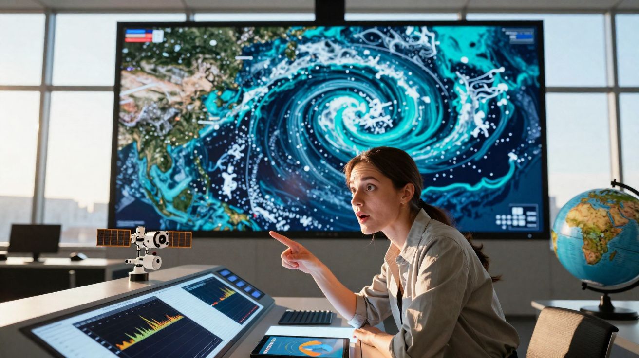 Mulher observa e aponta para ecrã com dados meteorológicos em sala de controlo com globo terrestre ao lado.