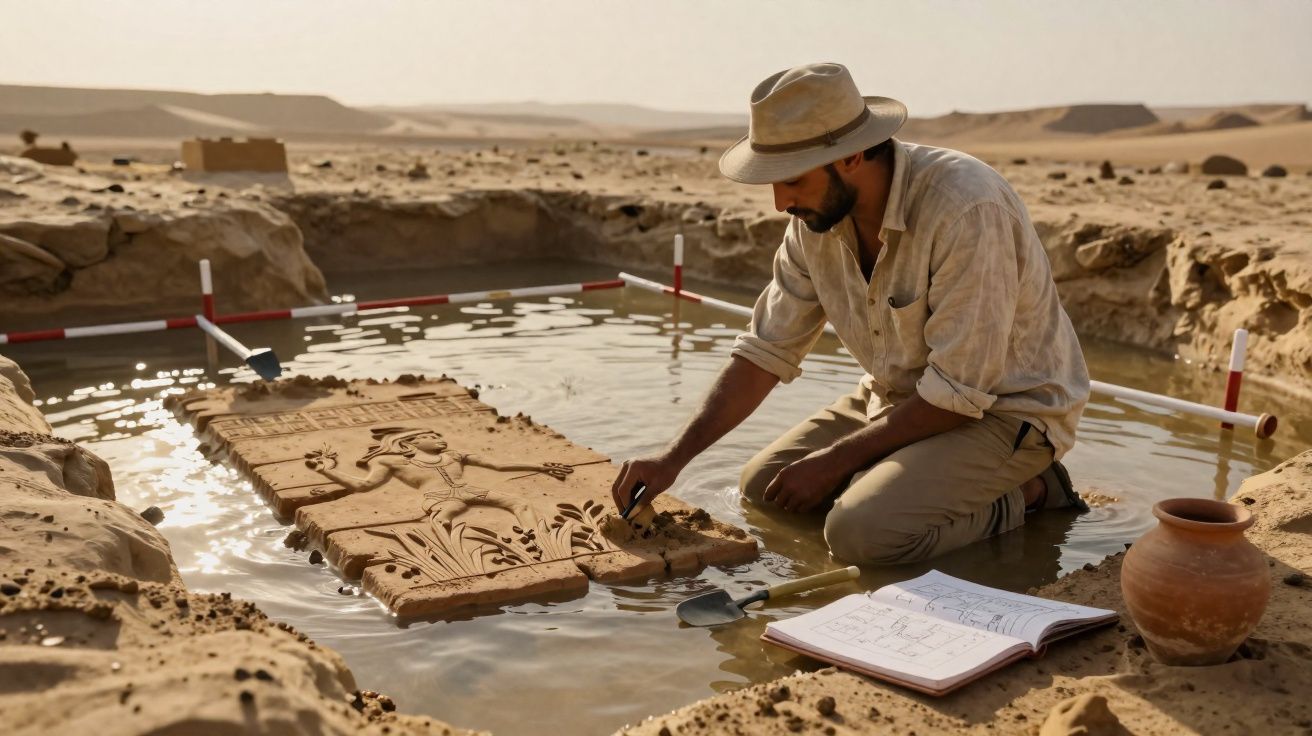 Arqueólogo a trabalhar na escavação e conservação de relevo antigo em sítio arqueológico no deserto.