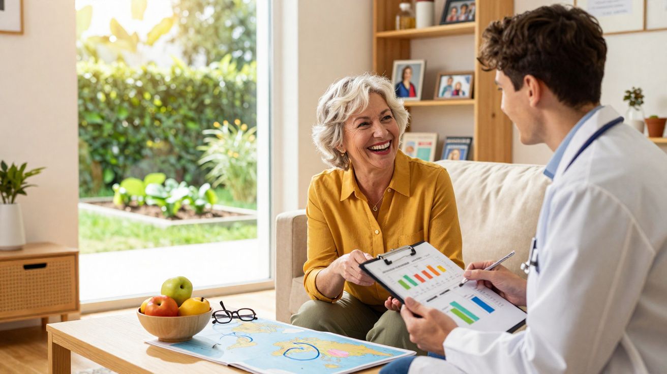 Médico consulta sorridente com mulher idosa num ambiente acolhedor e luminoso, com mapas e fruta na mesa.