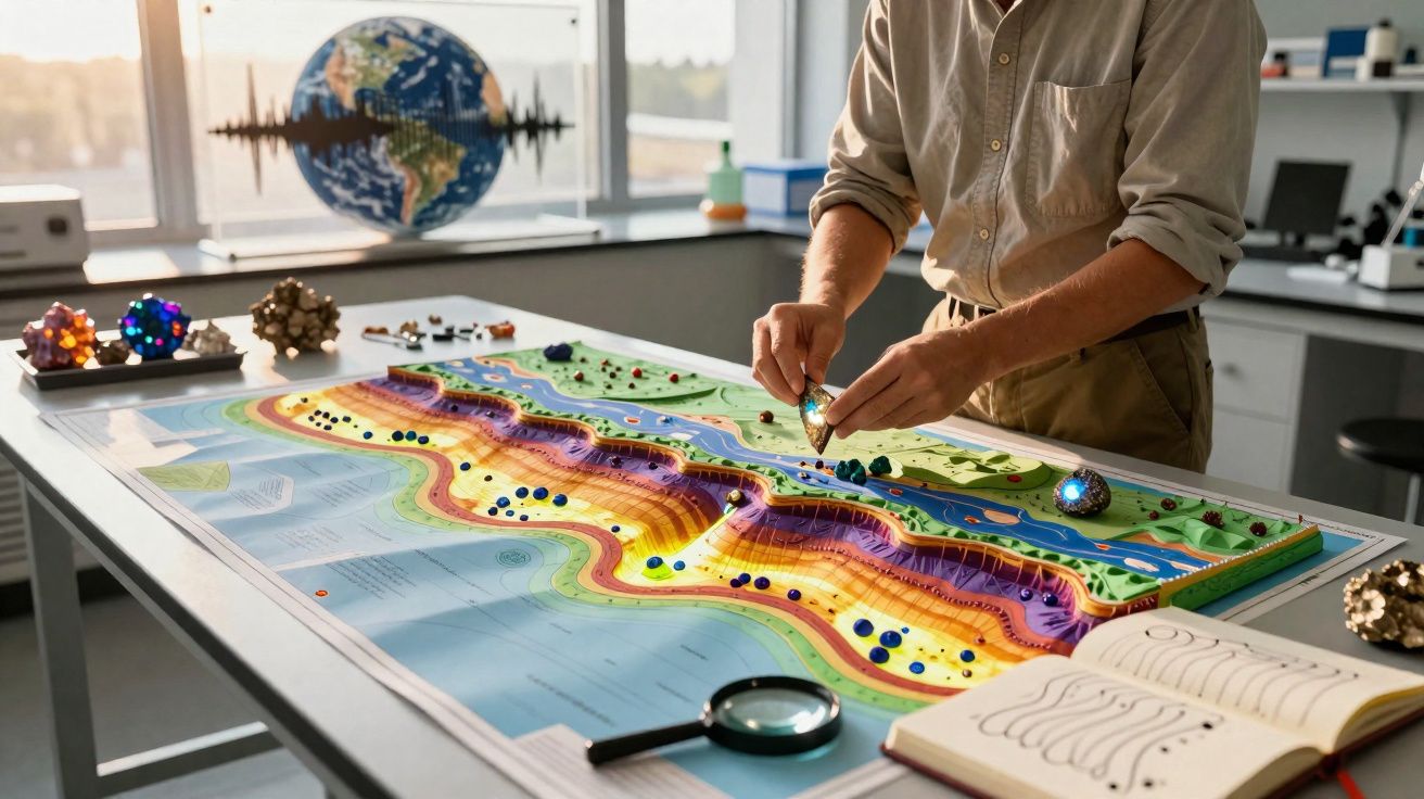 Pessoa a analisar relevo geográfico colorido em modelo táctil numa mesa de estudo com lupa e livro aberto.