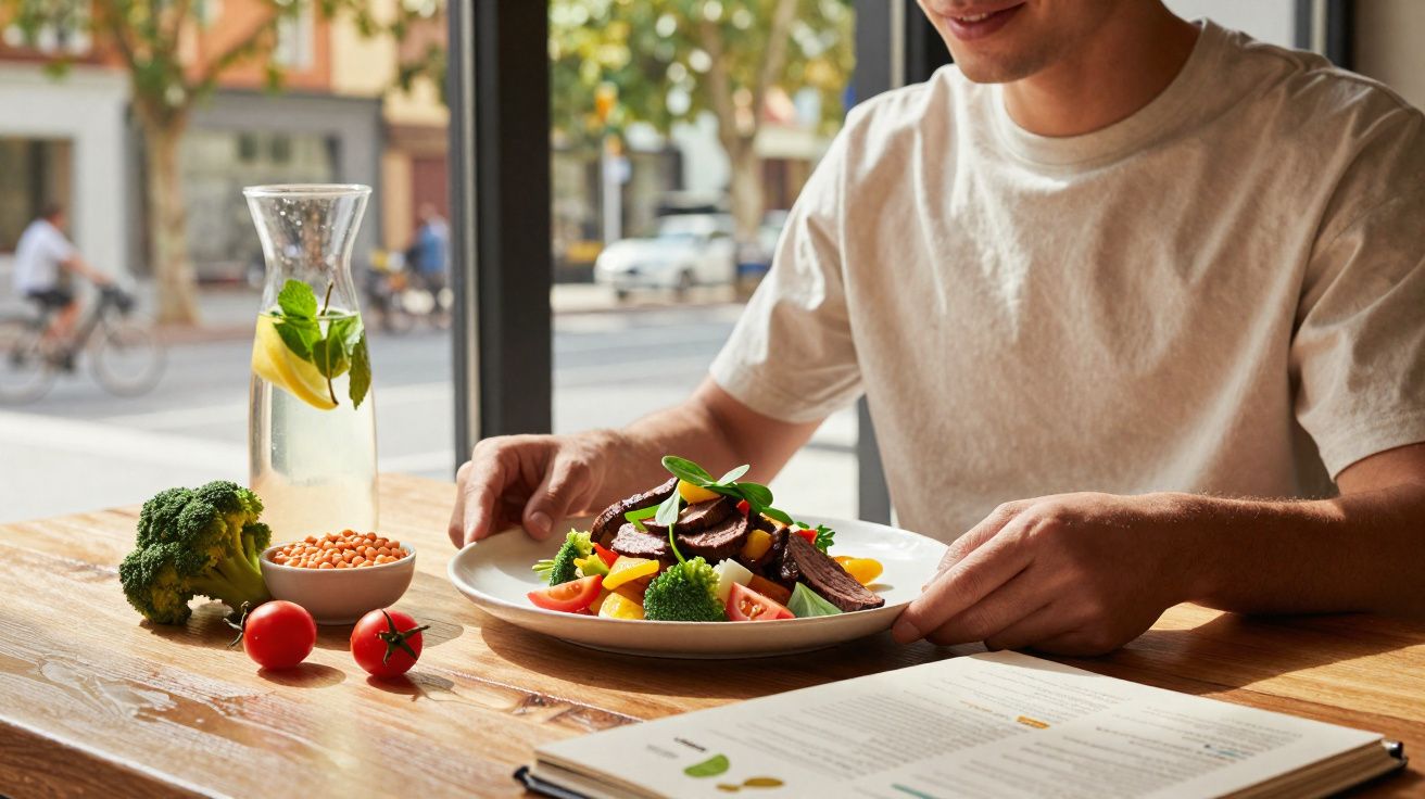 Pessoa a segurar prato com salada colorida, garrafa de água com limão e legumes sobre mesa junto a janela.