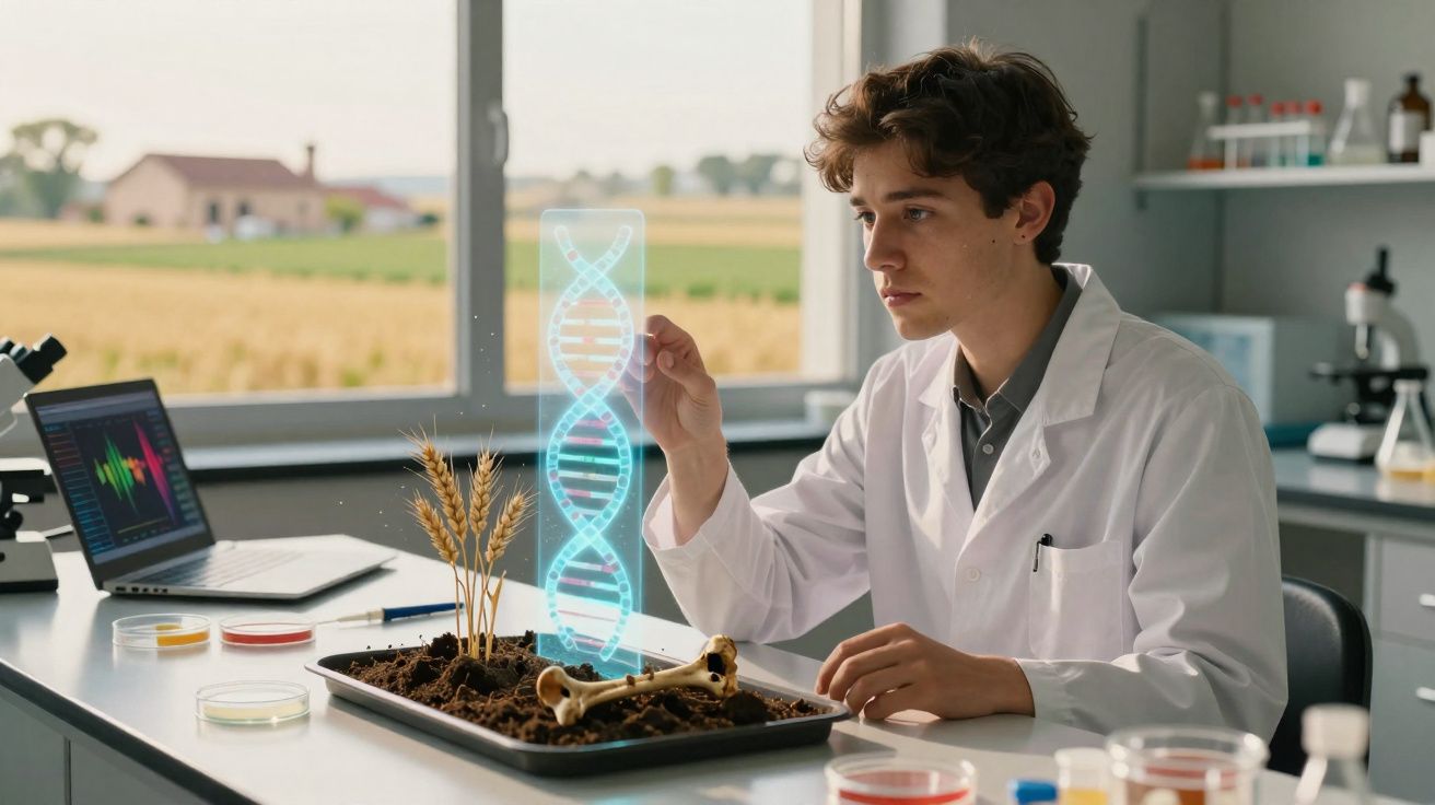 Jovem cientista em laboratório analisa DNA holográfico num tabuleiro com terra, ossos e espigas de trigo.