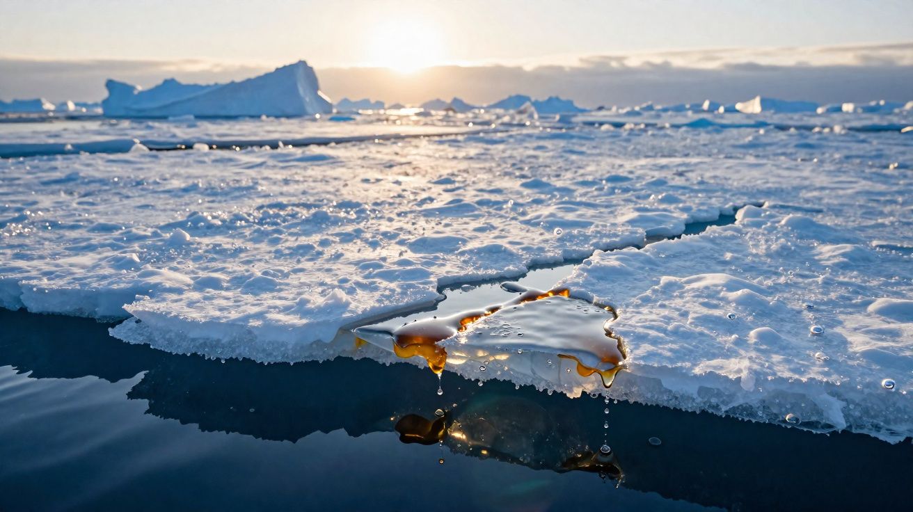 Derretimento de gelo no oceano durante o pôr do sol no Ártico, com gelo flutuante e água escura.