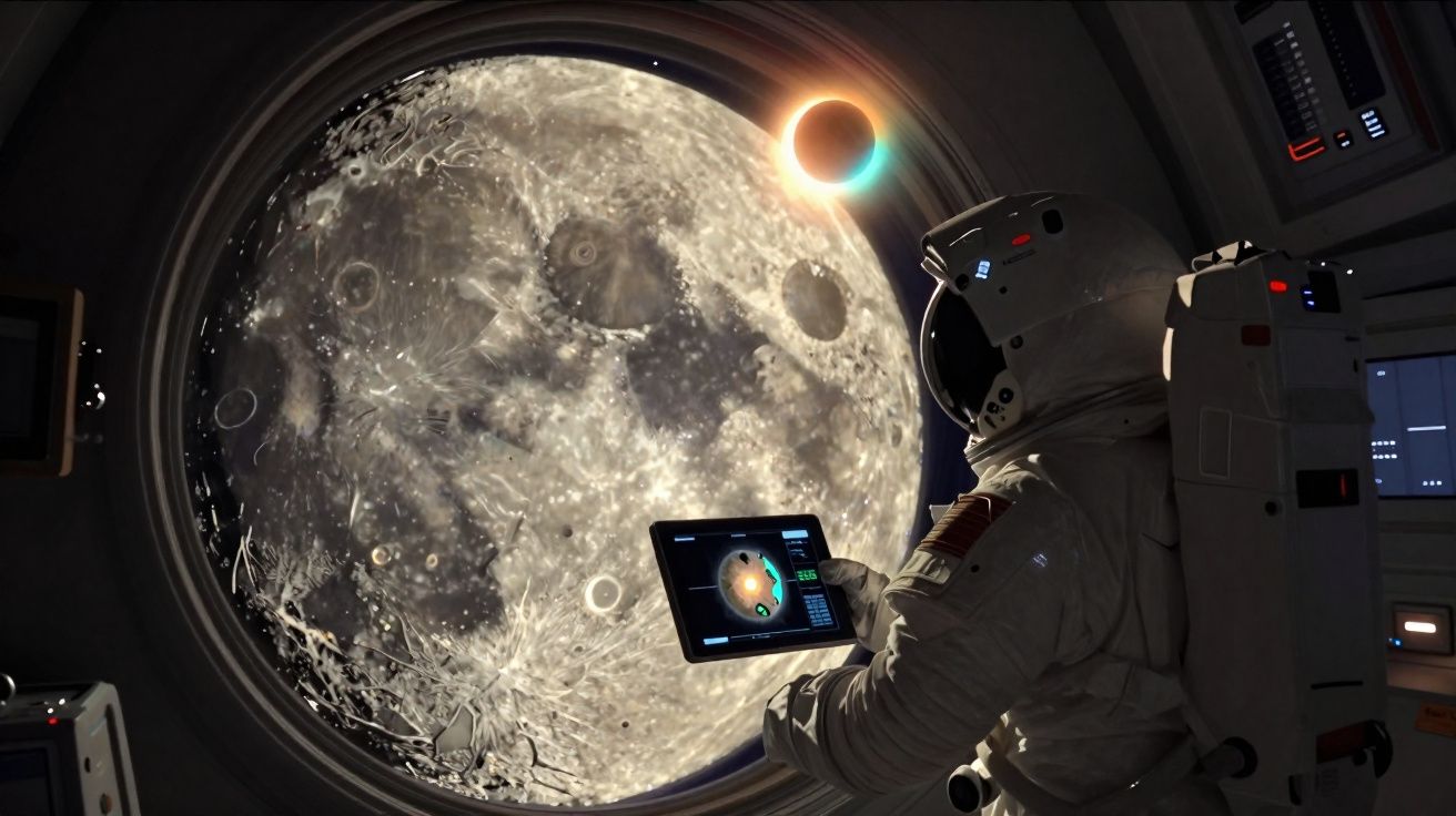 Astronauta observa a Lua e eclipse solar através da janela de uma nave espacial, segurando um tablet.