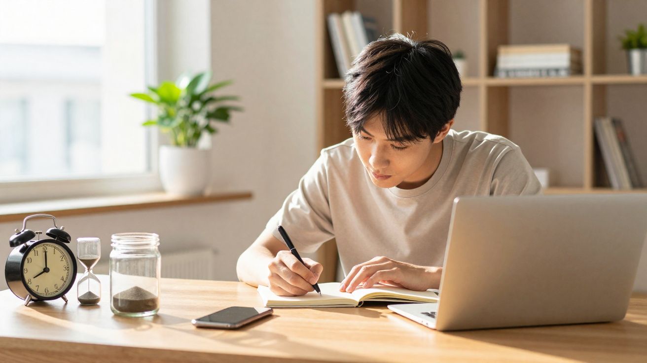 Jovem a escrever num caderno, com portátil, relógio, smartphone e ampulheta numa mesa de madeira.
